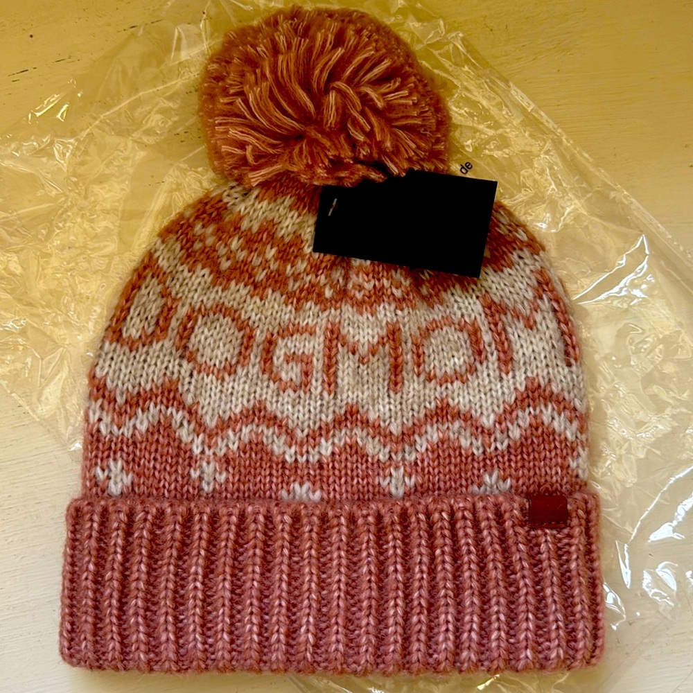 David & Young “DOG MOM” Pink and White pompom beanie snow hat